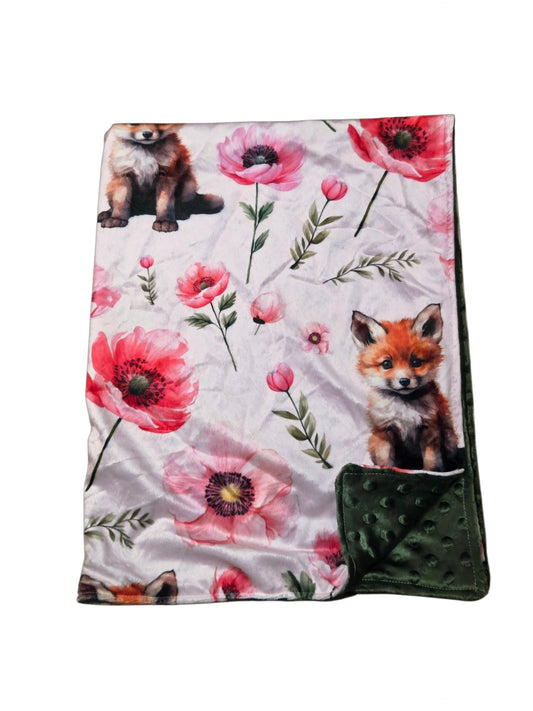 Couverture minky renards fleurs